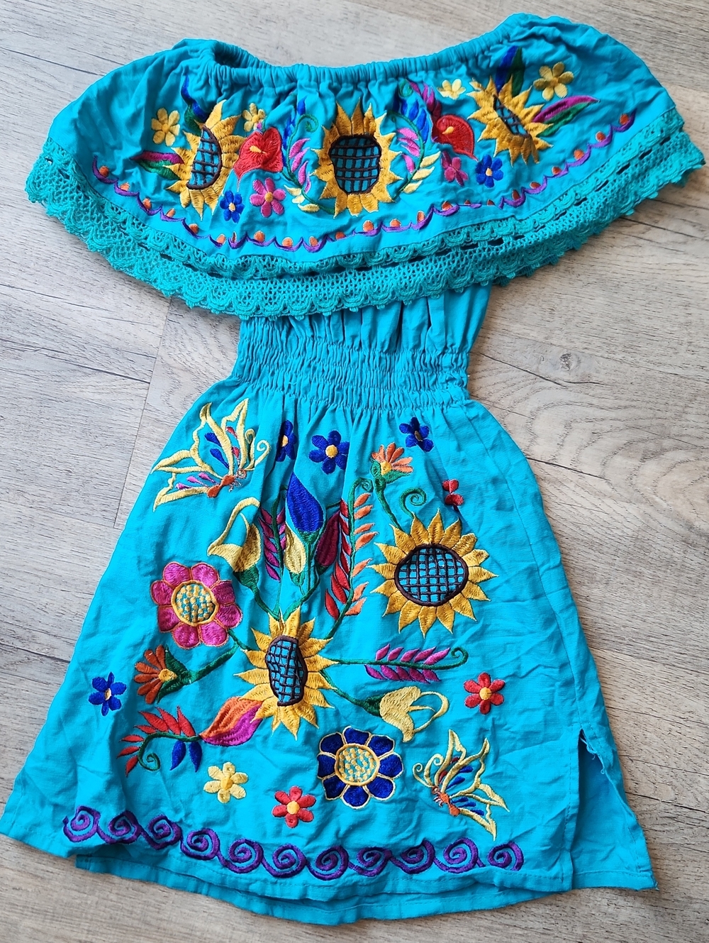 Girls Turquoise Embroidered Off-Shoulder Dress